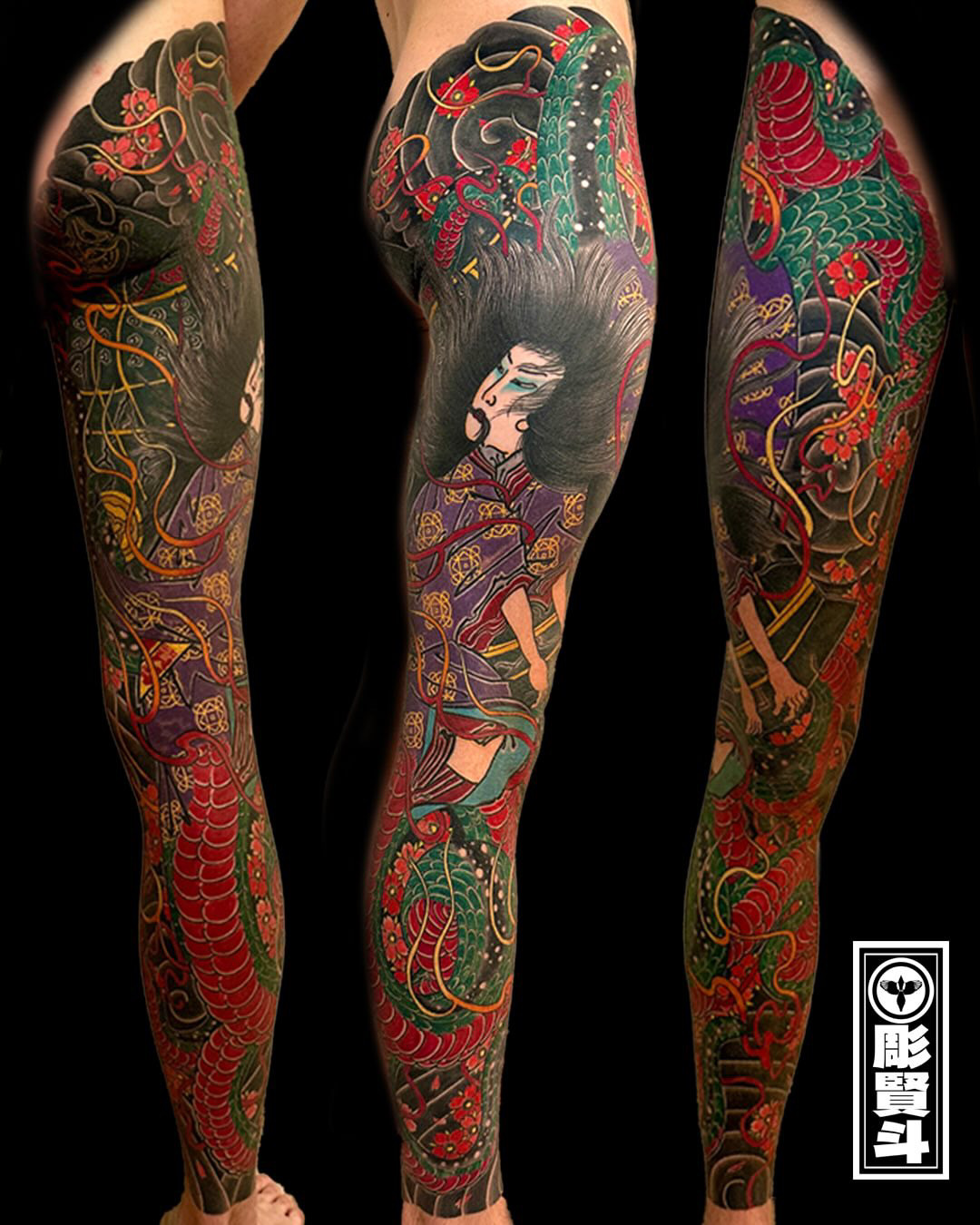 japanese full leg sleeve tattoo featuring traditional irezumi elements, flowing composition and rich colors
