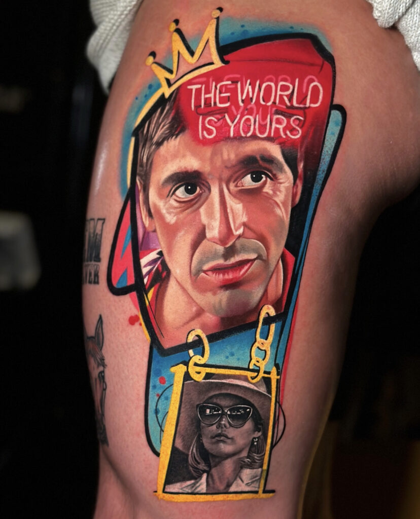 neon realism portrait tattoo inspired by scarface movie with bold colors, graphic elements and high contrast lighting