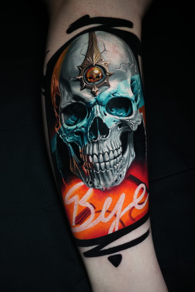 Neon realism skull tattoo scaled - MT Tattoo Collective Denver