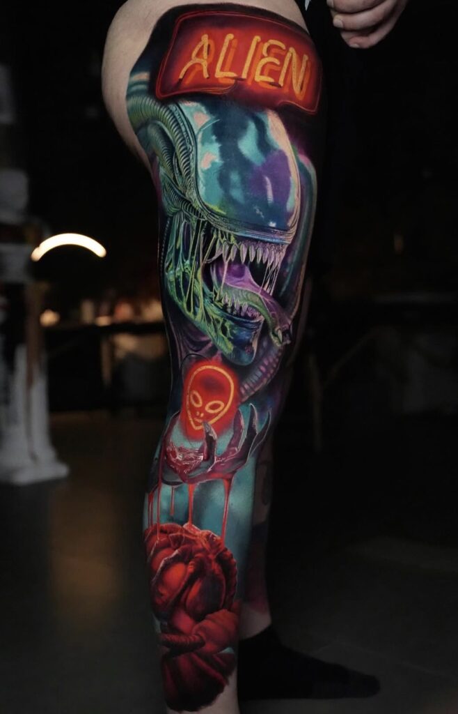 Color realism Alien neon sleeve tattoo