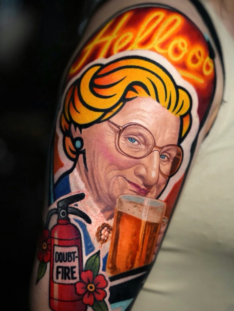 Neon realism Mrs Doubtfire portrait tattoo