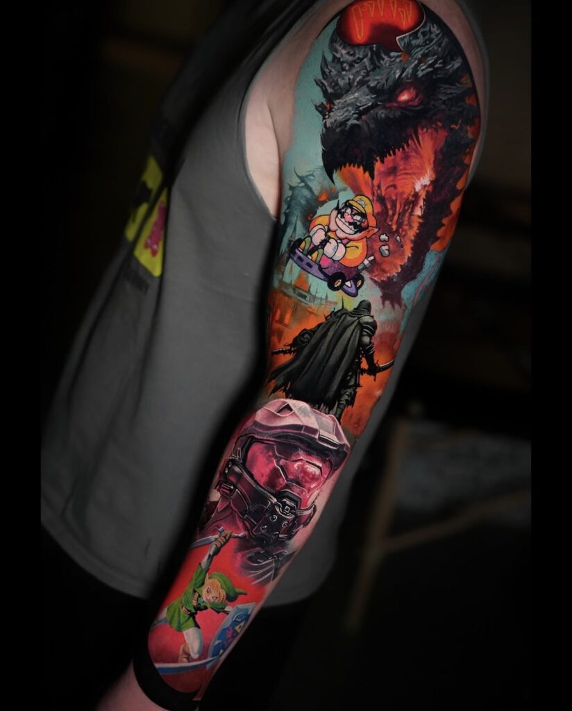 Color realism gaming full sleeve tattoo