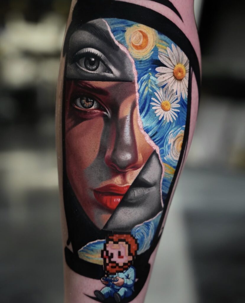 Surreal color realism Van Gogh face with Mario tattoo