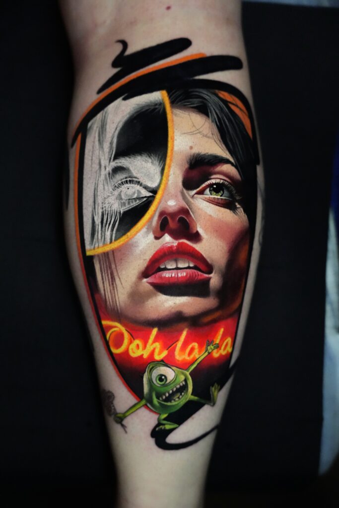 Color realism woman portrait with neon Ooh la la