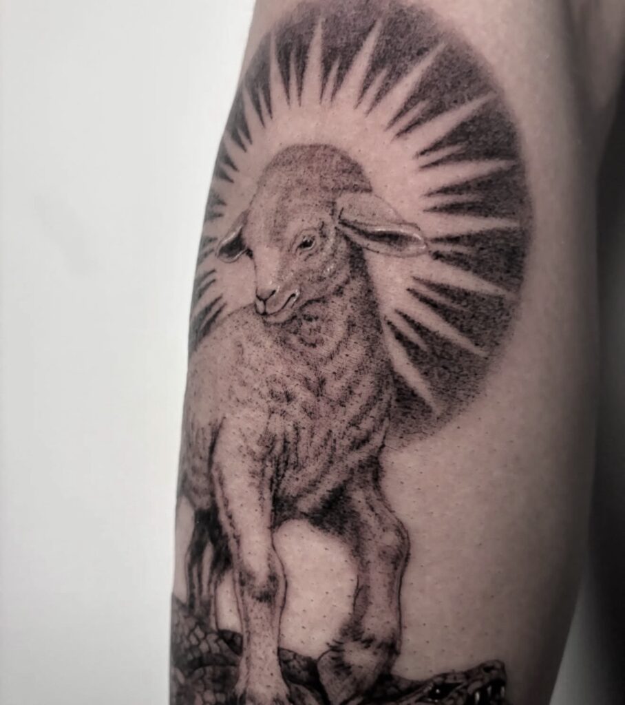 Detailed lamb micro-realism fine line tattoo closeup