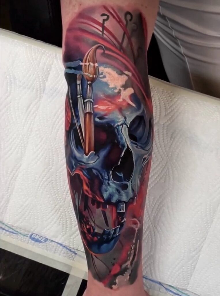 Color realism skull with sword and red smoke