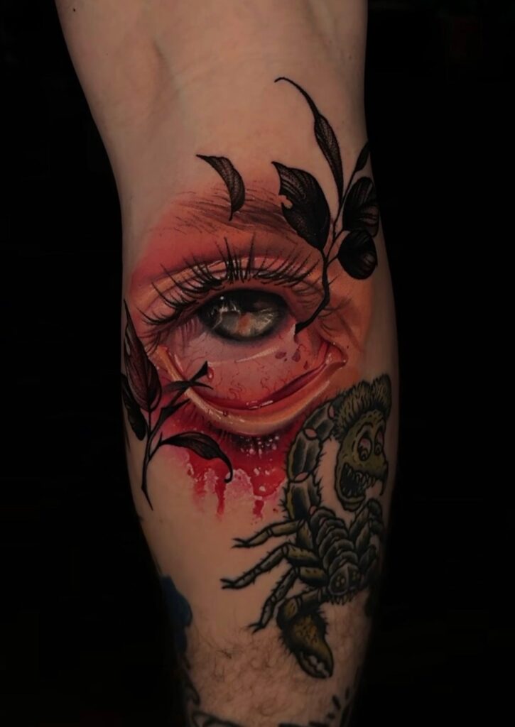Neon realism eye with bleeding leaves tattoo