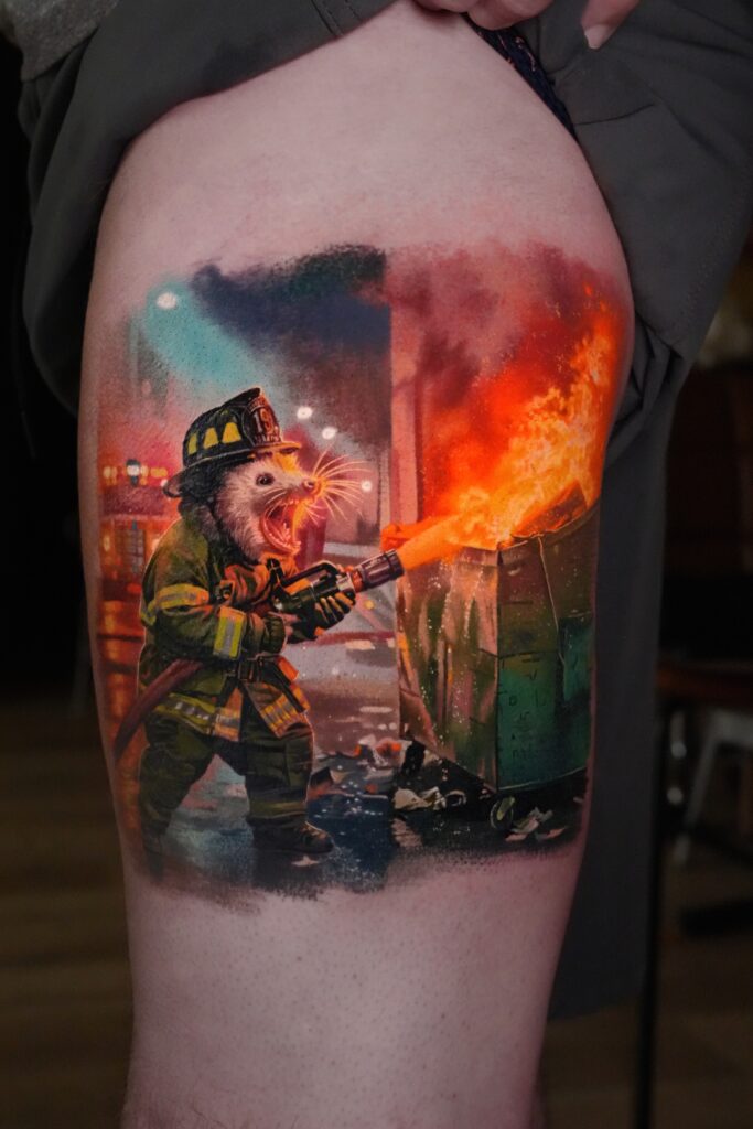 Color realism firefighter opossum tattoo