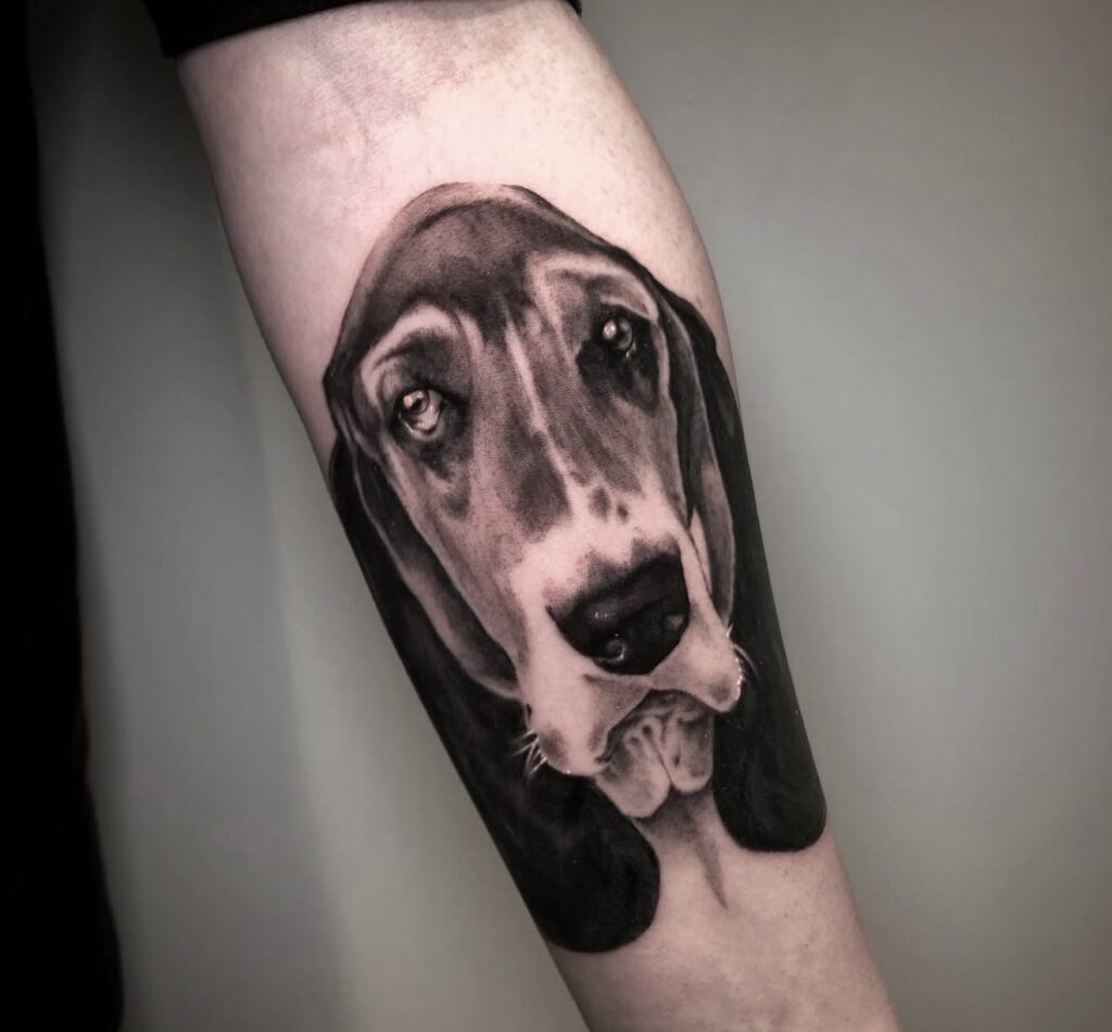 Black and grey realism dog portrait tattoo
