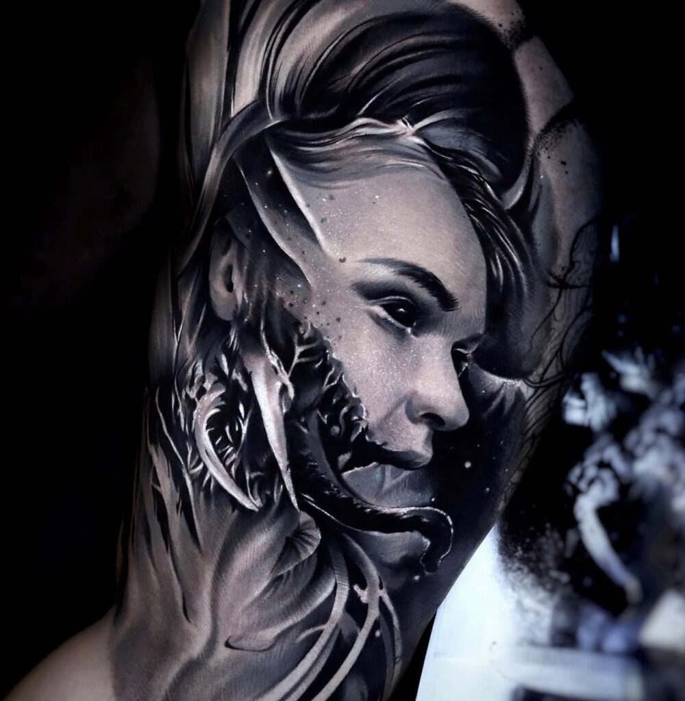 Woman with dragon B&G realism
