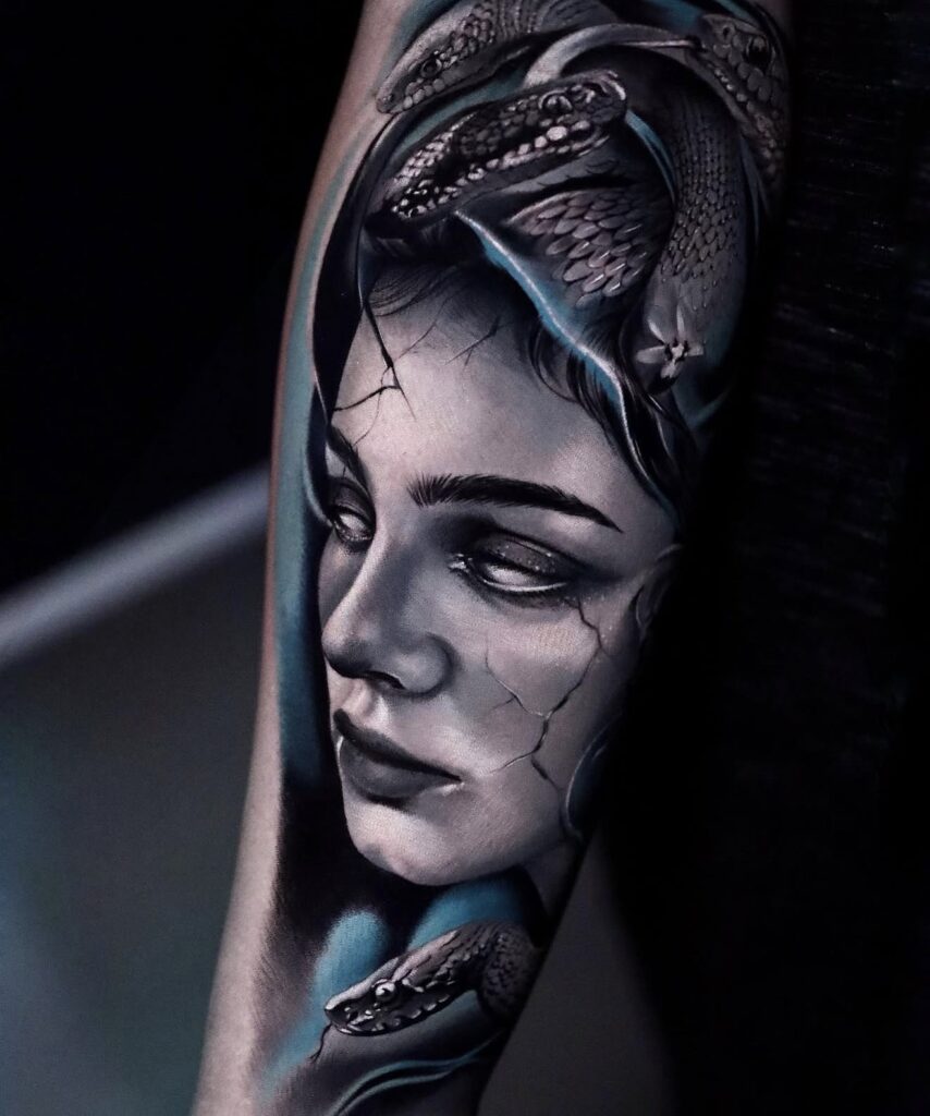 Black and grey Medusa with snakes realism tattoo