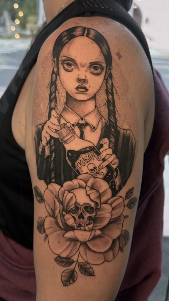 Tattoo by Keith Goble — mandala dotwork traditional linework