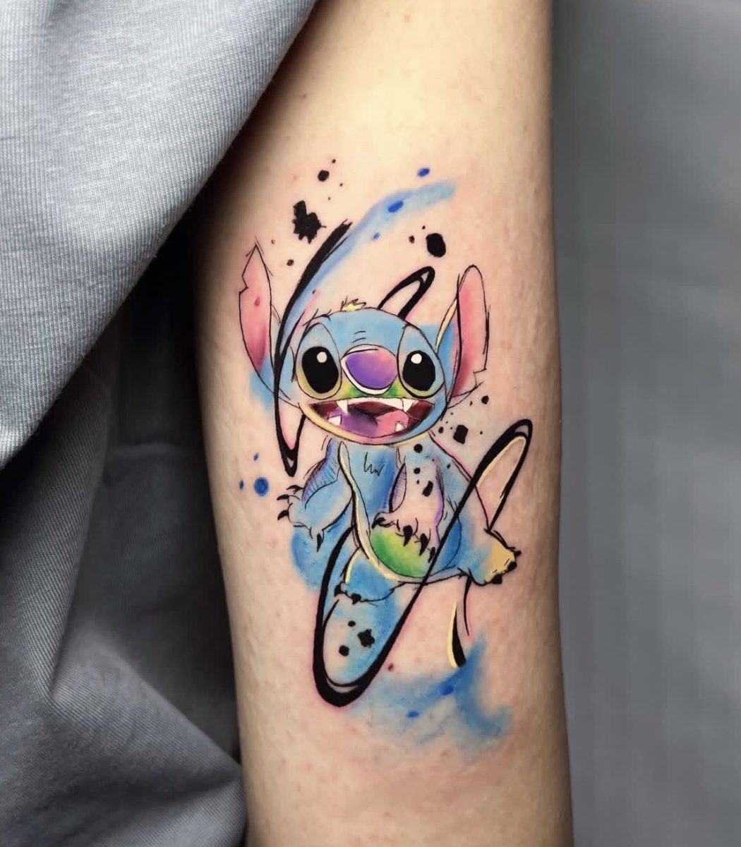 animation tattoo of stitch character with watercolor splashes, dynamic lines and expressive cartoon style