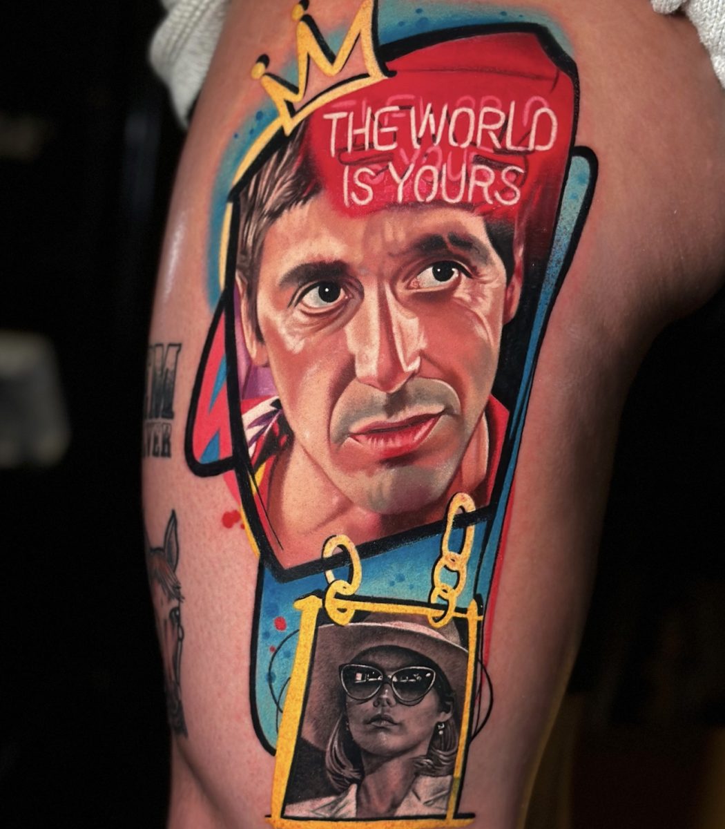 neon realism portrait tattoo inspired by scarface movie with bold colors, graphic elements and high contrast lighting